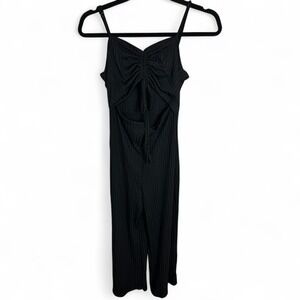 Audrey 3+1 Black Jumpsuit Small Ribbed Ruched Front Cutout Tie Waist Wide Leg